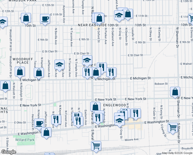 map of restaurants, bars, coffee shops, grocery stores, and more near in Indianapolis