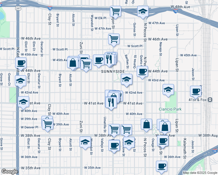 map of restaurants, bars, coffee shops, grocery stores, and more near 4154 Umatilla Street in Denver