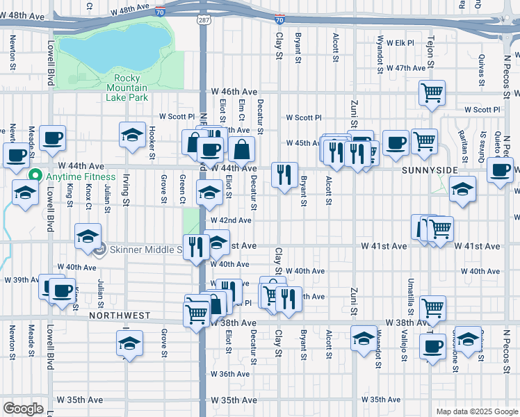 map of restaurants, bars, coffee shops, grocery stores, and more near 2714 West 42nd Avenue in Denver