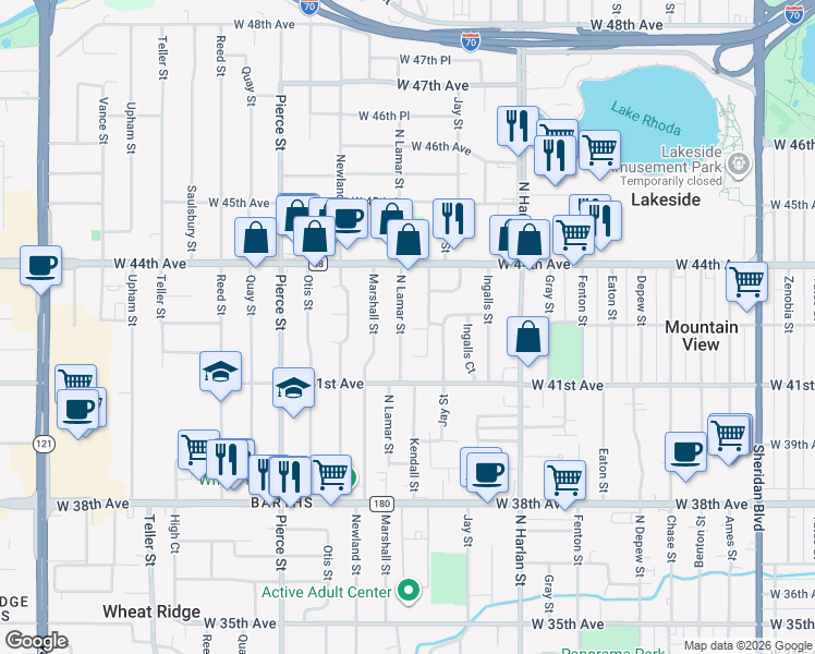 map of restaurants, bars, coffee shops, grocery stores, and more near 4155 North Lamar Street in Wheat Ridge