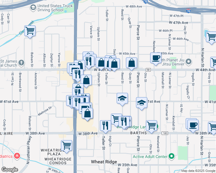 map of restaurants, bars, coffee shops, grocery stores, and more near 7175 West 42nd Avenue in Wheat Ridge