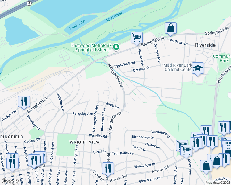 map of restaurants, bars, coffee shops, grocery stores, and more near 423 Briarwood Avenue in Dayton