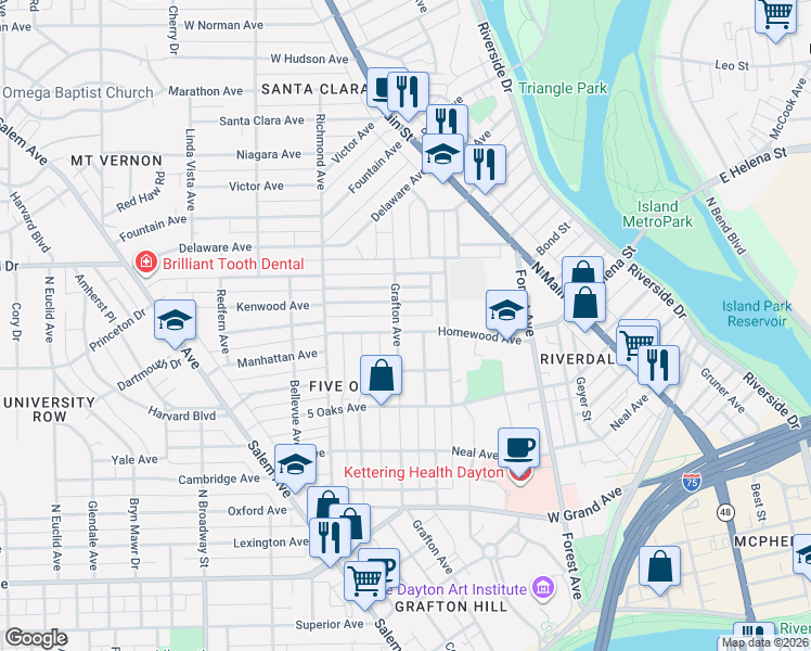 map of restaurants, bars, coffee shops, grocery stores, and more near 321 Rockwood Avenue in Dayton