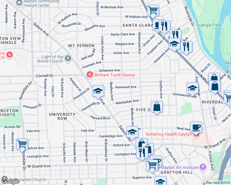 map of restaurants, bars, coffee shops, grocery stores, and more near 1019 Redfern Avenue in Dayton