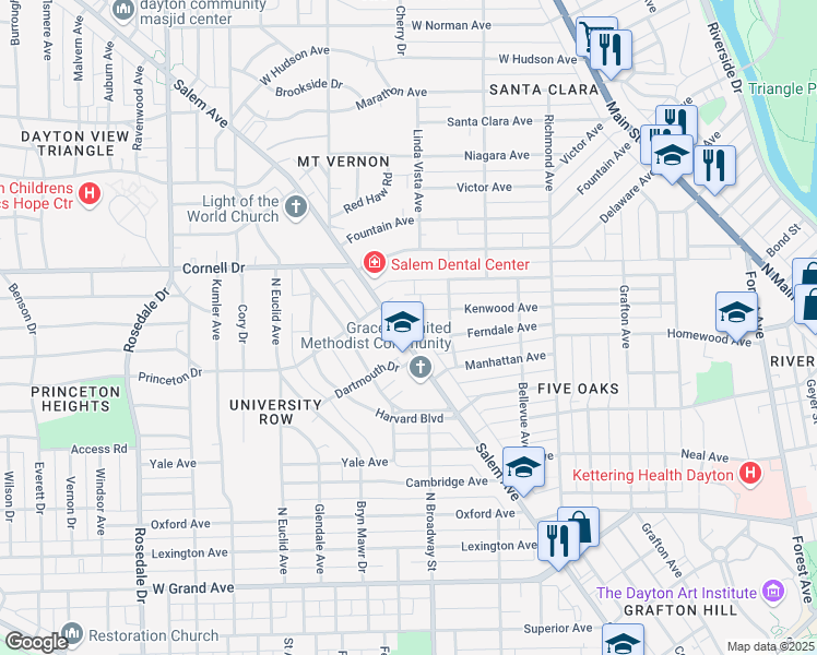 map of restaurants, bars, coffee shops, grocery stores, and more near 1047 Salem Avenue in Dayton