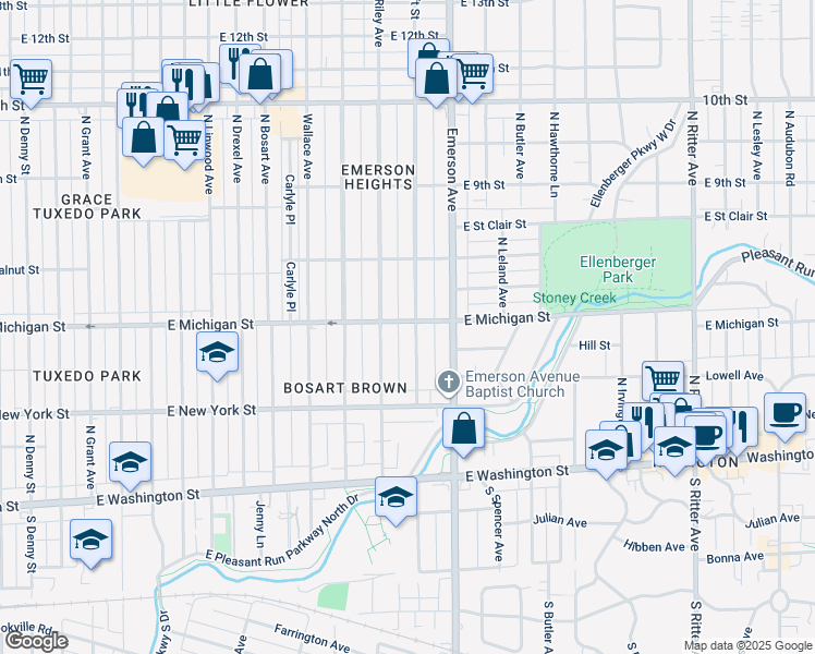 map of restaurants, bars, coffee shops, grocery stores, and more near 418 North Bancroft Street in Indianapolis
