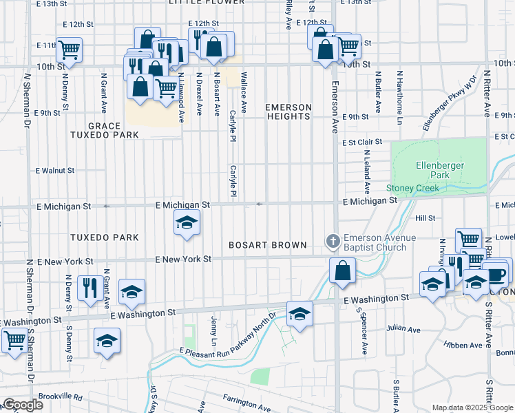 map of restaurants, bars, coffee shops, grocery stores, and more near 420 Dequincy Street in Indianapolis