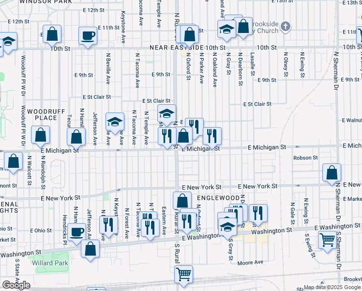 map of restaurants, bars, coffee shops, grocery stores, and more near in Indianapolis
