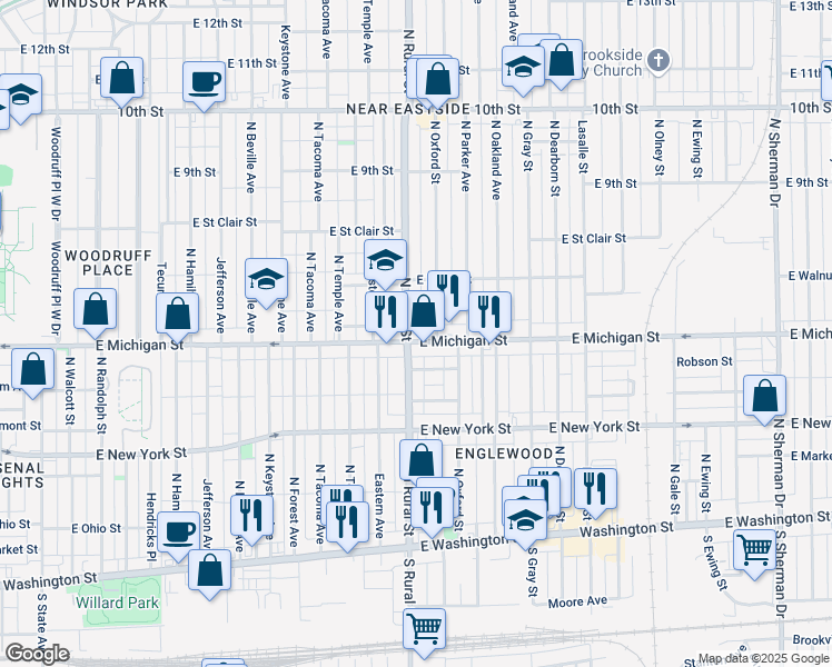 map of restaurants, bars, coffee shops, grocery stores, and more near in Indianapolis