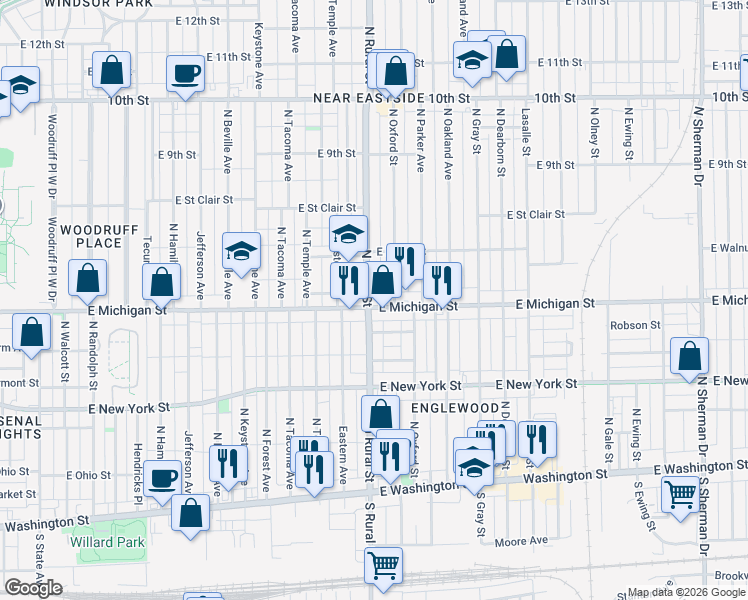 map of restaurants, bars, coffee shops, grocery stores, and more near in Indianapolis