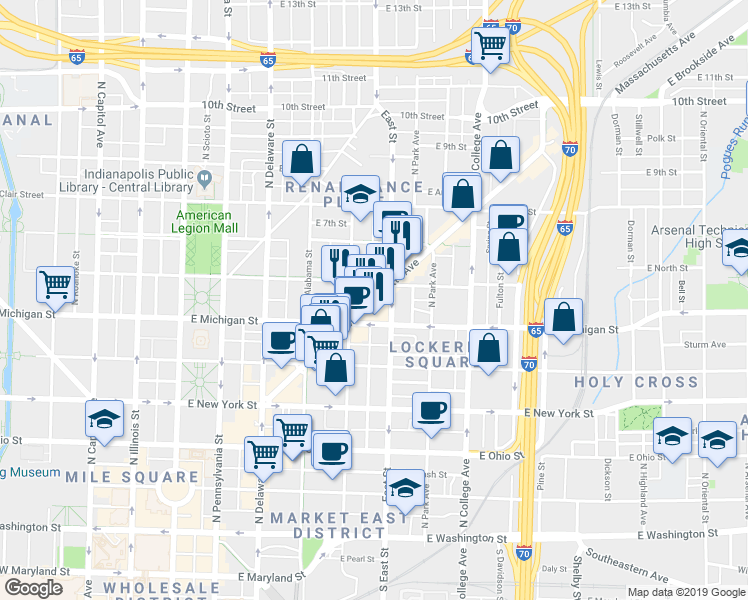 map of restaurants, bars, coffee shops, grocery stores, and more near 420 East Michigan Street in Indianapolis