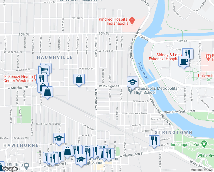 map of restaurants, bars, coffee shops, grocery stores, and more near 2008 Wilcox Street in Indianapolis