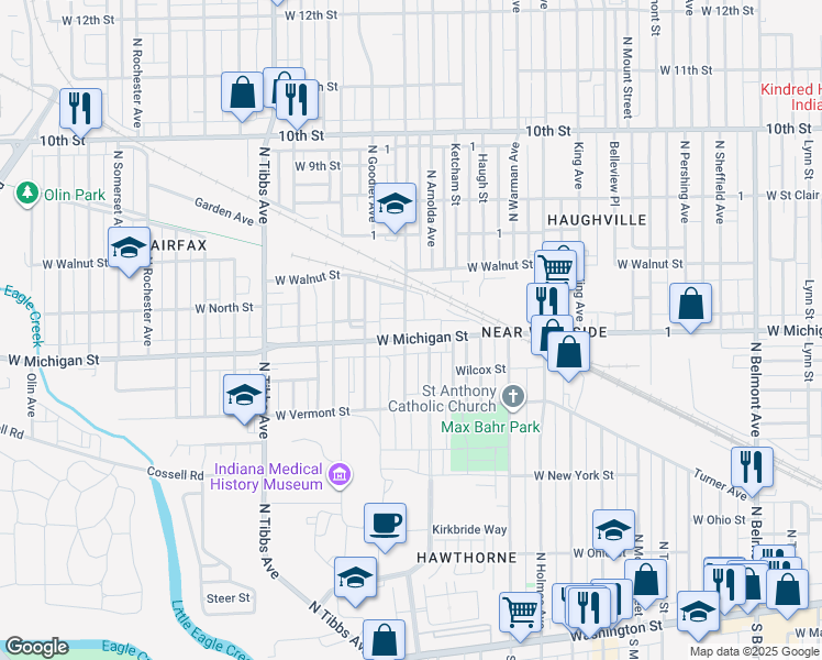 map of restaurants, bars, coffee shops, grocery stores, and more near 464 North Concord Street in Indianapolis