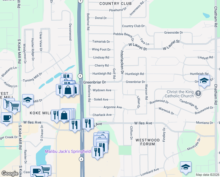 map of restaurants, bars, coffee shops, grocery stores, and more near 2501-2599 Soleil Rd in Springfield