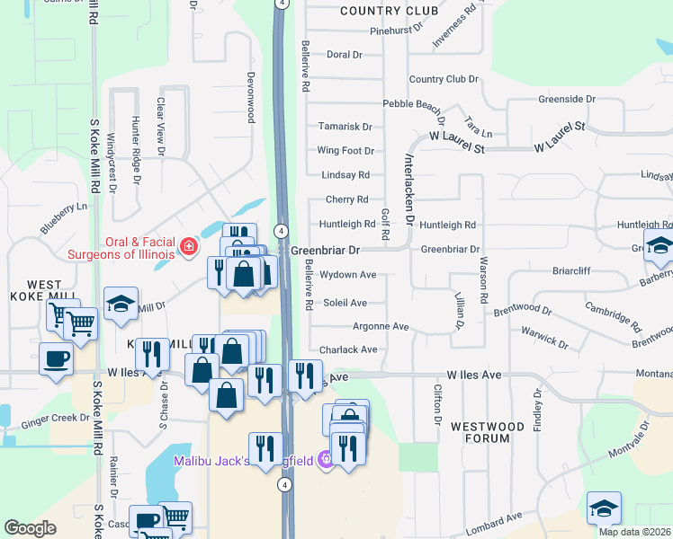 map of restaurants, bars, coffee shops, grocery stores, and more near 2528 Wydown Avenue in Springfield