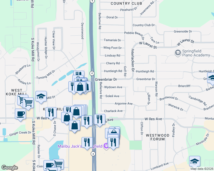 map of restaurants, bars, coffee shops, grocery stores, and more near 2528 Wydown Avenue in Springfield