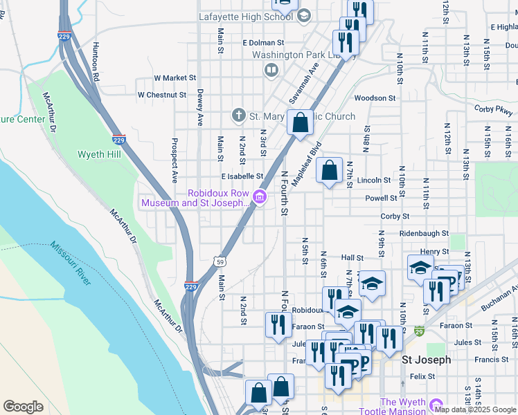 map of restaurants, bars, coffee shops, grocery stores, and more near 219 East Poulin Street in Saint Joseph