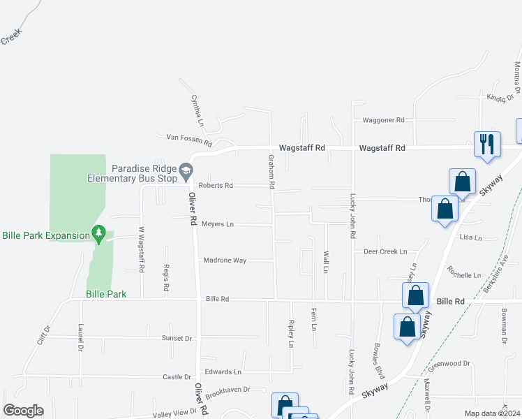 map of restaurants, bars, coffee shops, grocery stores, and more near 740 Ashland Lane in Paradise
