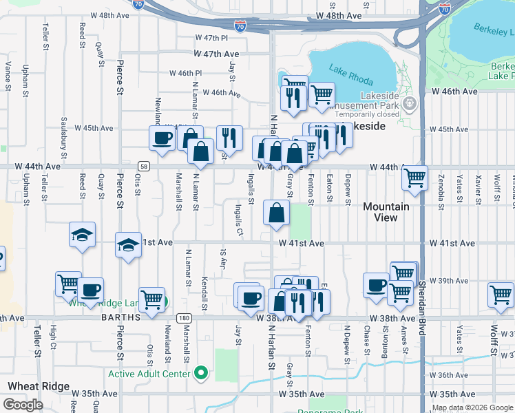 map of restaurants, bars, coffee shops, grocery stores, and more near 4175 North Harlan Street in Wheat Ridge