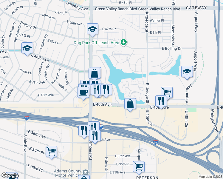 map of restaurants, bars, coffee shops, grocery stores, and more near 15555 East 40th Avenue in Denver