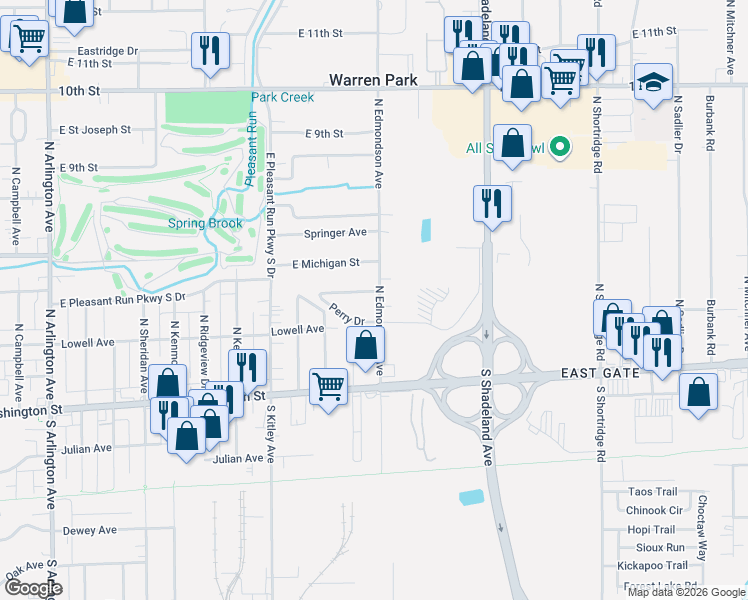 map of restaurants, bars, coffee shops, grocery stores, and more near 6744 Perry Drive in Indianapolis
