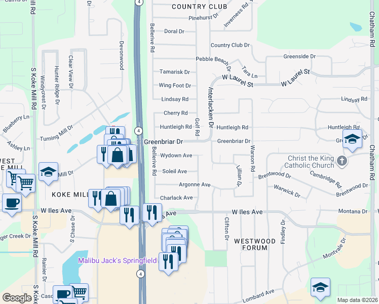 map of restaurants, bars, coffee shops, grocery stores, and more near 2501-2599 Soleil Rd in Springfield