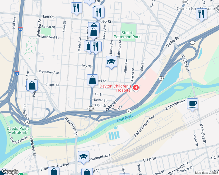 map of restaurants, bars, coffee shops, grocery stores, and more near 265 Air Street in Dayton