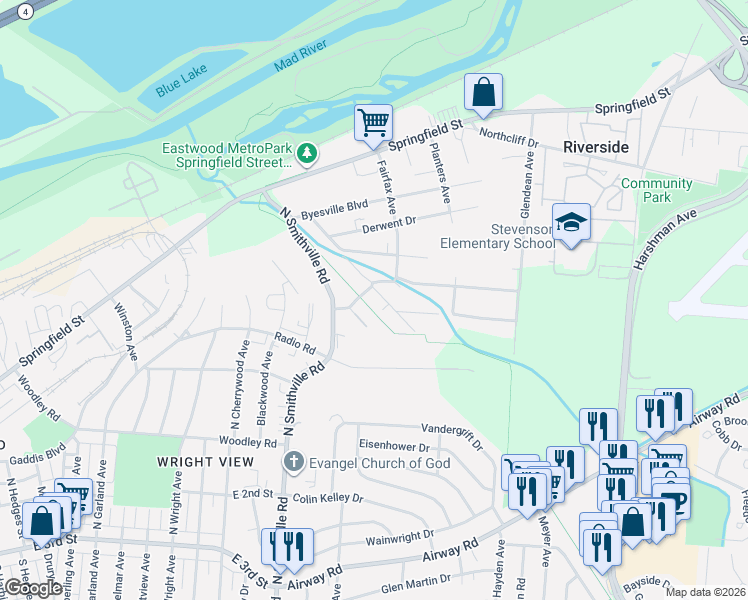 map of restaurants, bars, coffee shops, grocery stores, and more near 500 North Smithville Road in Dayton