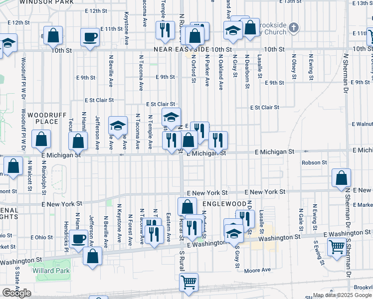 map of restaurants, bars, coffee shops, grocery stores, and more near 535 North Rural Street in Indianapolis