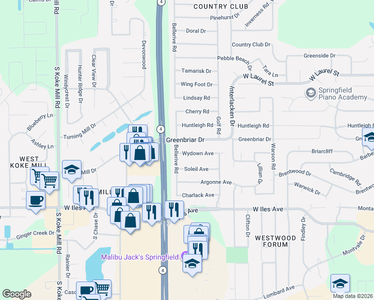 map of restaurants, bars, coffee shops, grocery stores, and more near 2537 Greenbriar Drive in Springfield