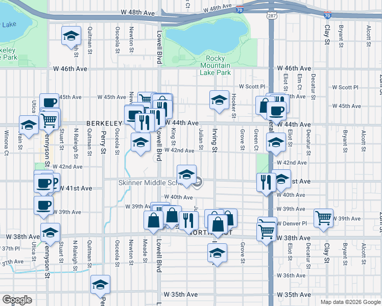map of restaurants, bars, coffee shops, grocery stores, and more near 4190 Knox Court in Denver