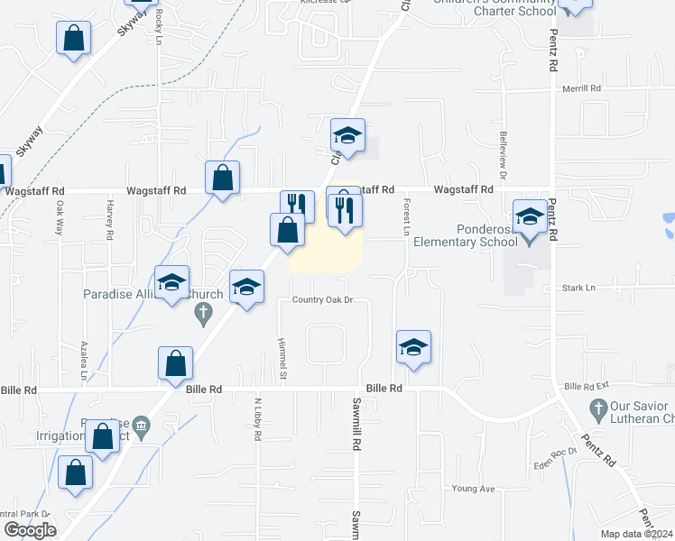 map of restaurants, bars, coffee shops, grocery stores, and more near 6290 Dawnridge Court in Paradise