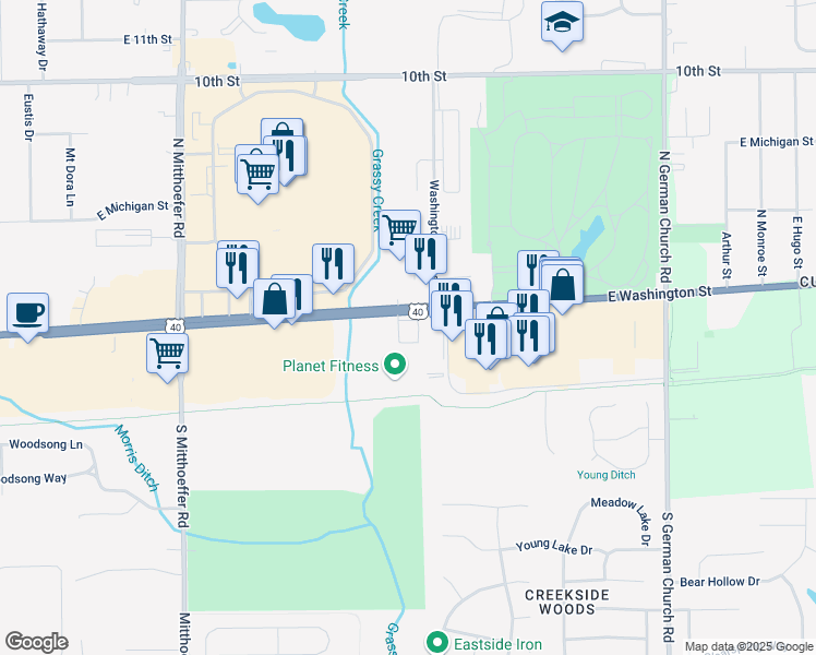 map of restaurants, bars, coffee shops, grocery stores, and more near 10482 East Washington Street in Indianapolis