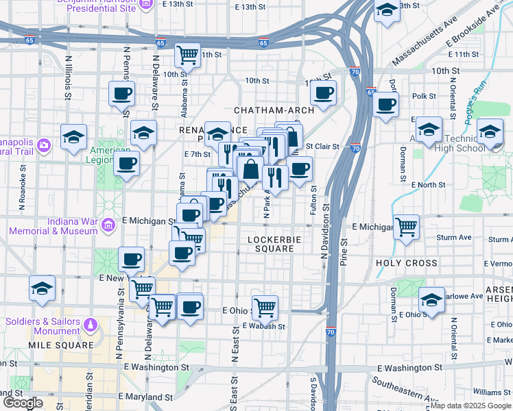 map of restaurants, bars, coffee shops, grocery stores, and more near 617 Massachusetts Avenue in Indianapolis