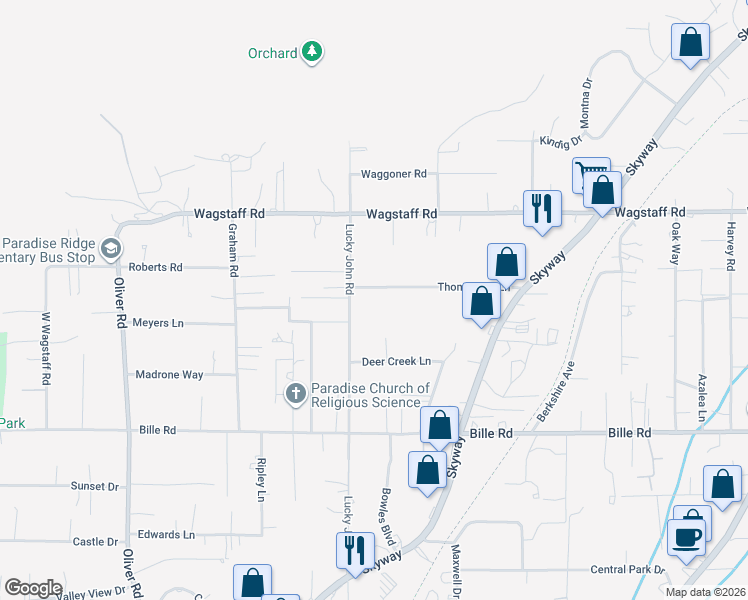 map of restaurants, bars, coffee shops, grocery stores, and more near 888 Thomasson Lane in Paradise