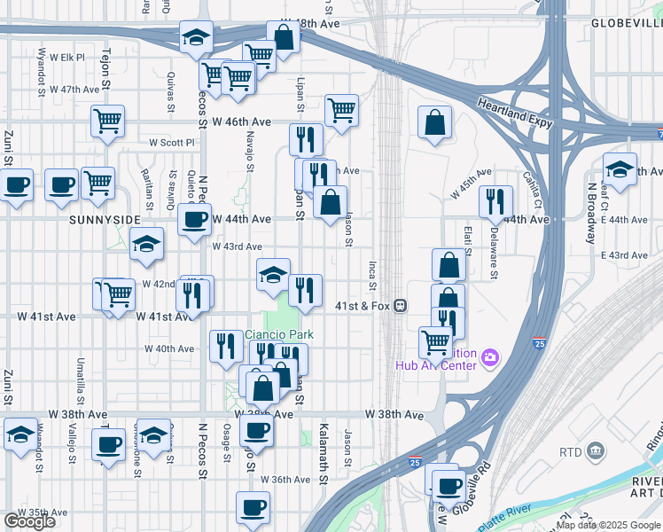 map of restaurants, bars, coffee shops, grocery stores, and more near 4228 Kalamath Street in Denver