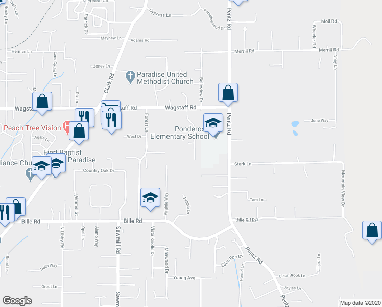 map of restaurants, bars, coffee shops, grocery stores, and more near 6627 Dolores Drive in Paradise