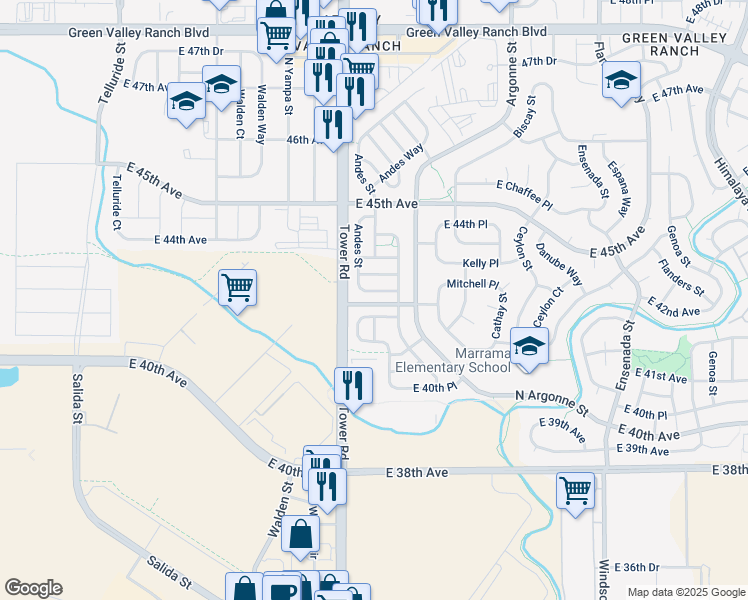 map of restaurants, bars, coffee shops, grocery stores, and more near 18654 East 43rd Place in Denver