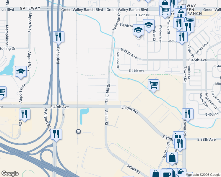 map of restaurants, bars, coffee shops, grocery stores, and more near Telluride Street in Denver