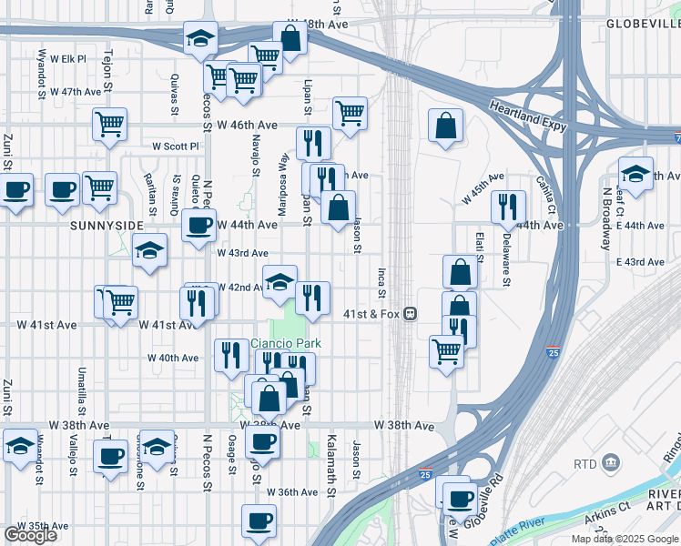 map of restaurants, bars, coffee shops, grocery stores, and more near 1055 West 43rd Avenue in Denver