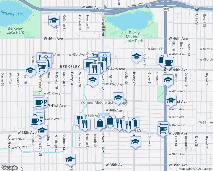 map of restaurants, bars, coffee shops, grocery stores, and more near 4230 Lowell Boulevard in Denver