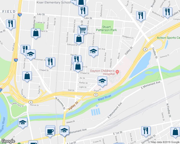 map of restaurants, bars, coffee shops, grocery stores, and more near 1 Notre Dame Avenue in Dayton