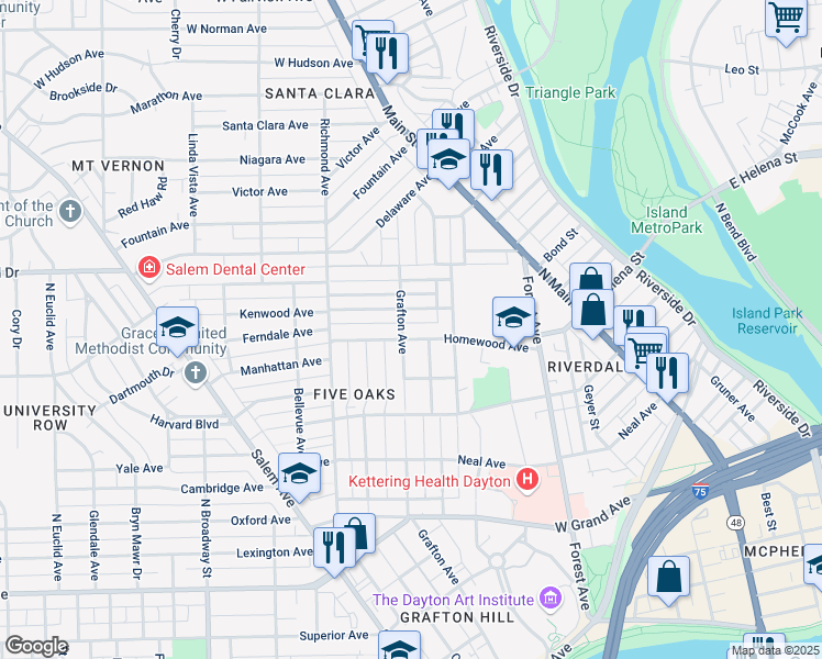 map of restaurants, bars, coffee shops, grocery stores, and more near 237 Kenwood Avenue in Dayton