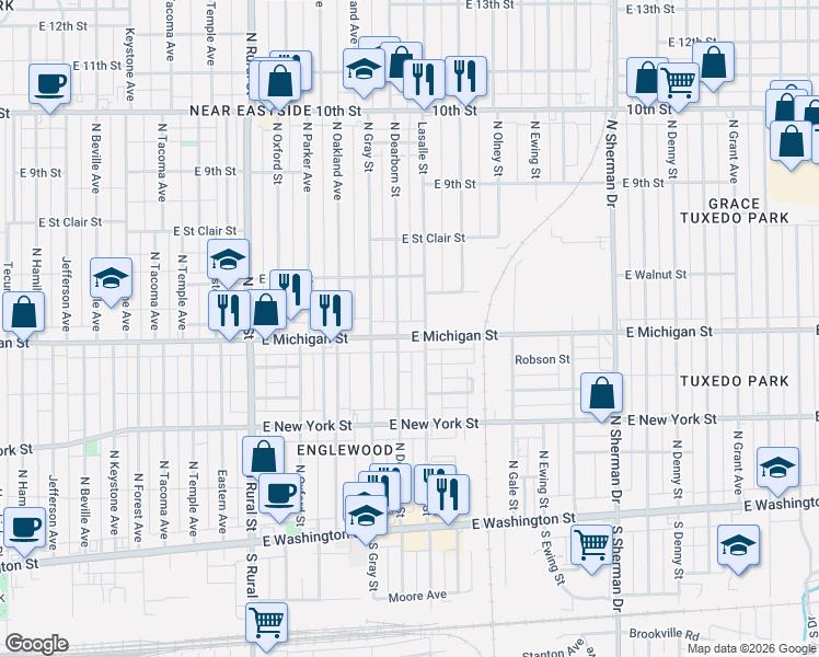 map of restaurants, bars, coffee shops, grocery stores, and more near 533 North Dearborn Street in Indianapolis