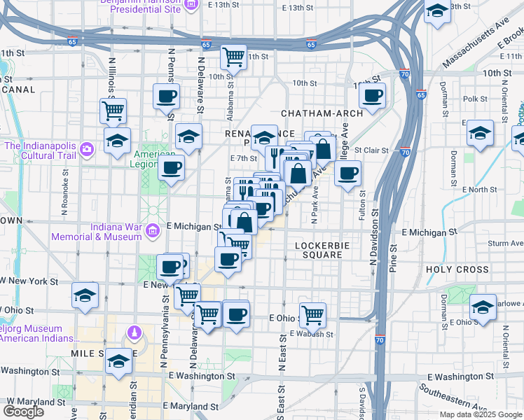 map of restaurants, bars, coffee shops, grocery stores, and more near 530 Massachusetts Avenue in Indianapolis
