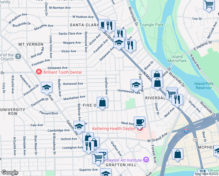 map of restaurants, bars, coffee shops, grocery stores, and more near 237 Kenwood Avenue in Dayton