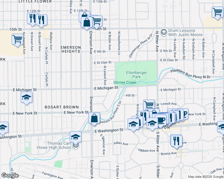 map of restaurants, bars, coffee shops, grocery stores, and more near 5217 East North Street in Indianapolis