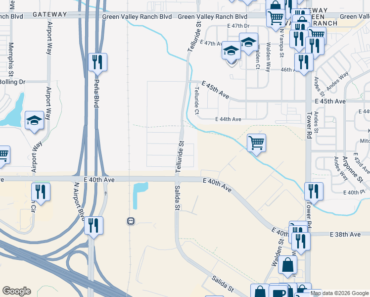 map of restaurants, bars, coffee shops, grocery stores, and more near Telluride Street in Denver