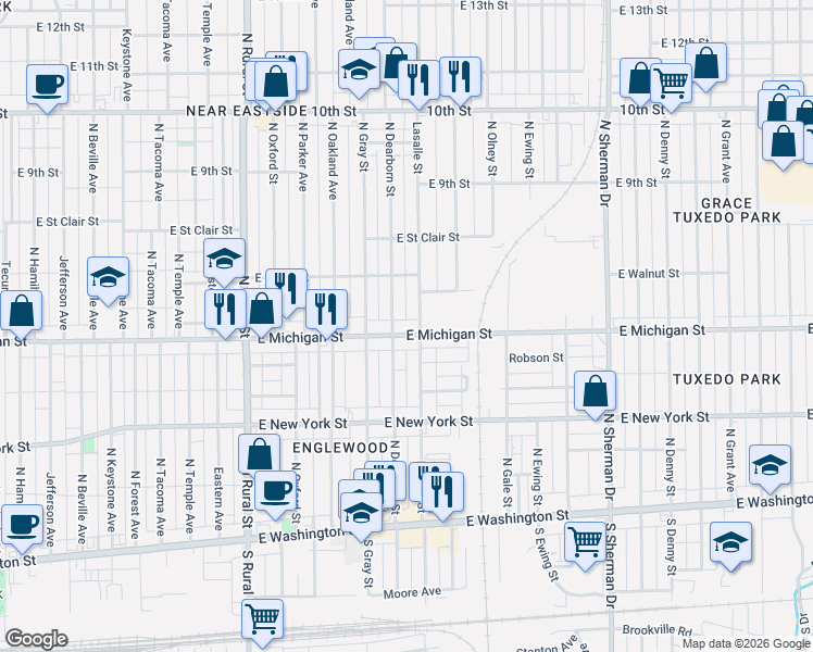 map of restaurants, bars, coffee shops, grocery stores, and more near 533 North Dearborn Street in Indianapolis