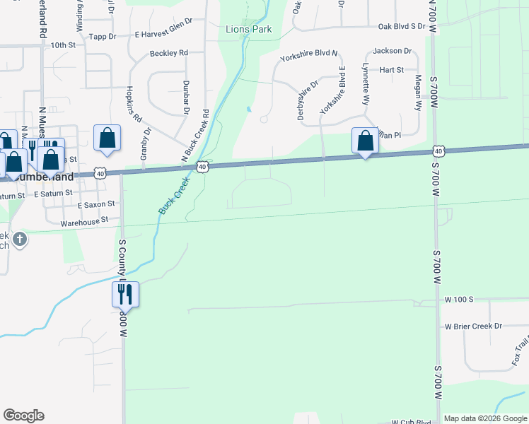 map of restaurants, bars, coffee shops, grocery stores, and more near 7423 West US Highway 40 in Indianapolis